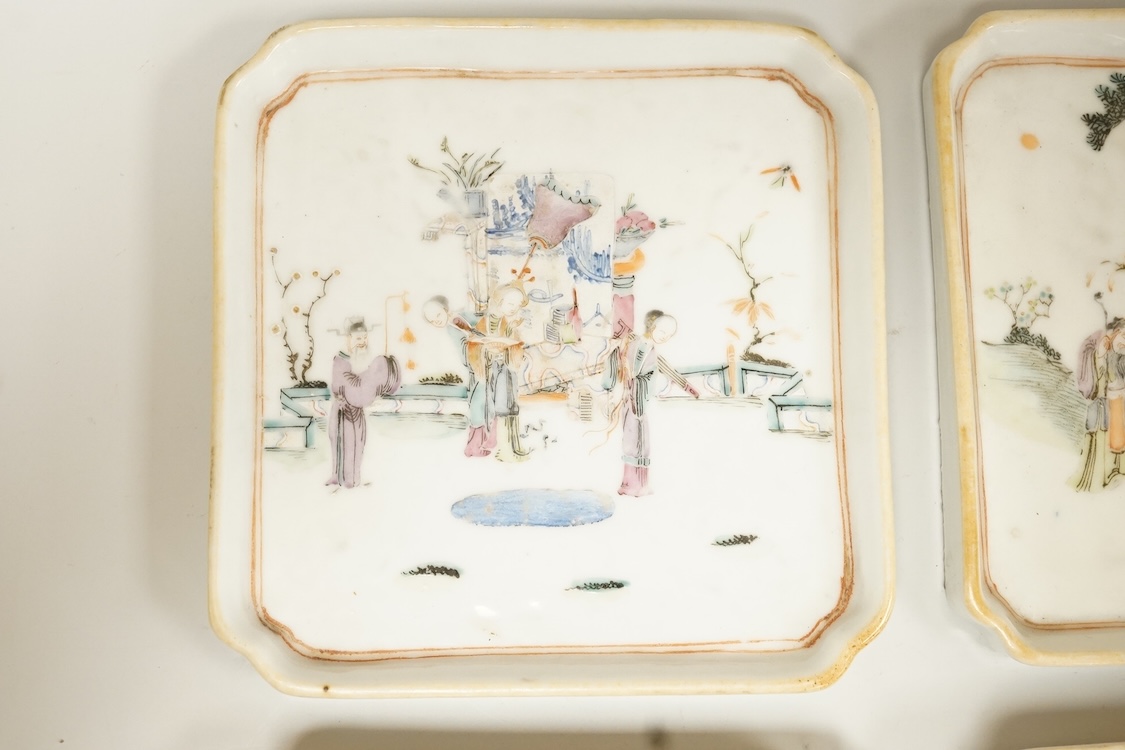A set of four Chinese famille rose square dishes, late 19th century, and a carved wood pouring vessel, dishes 13.5cm square